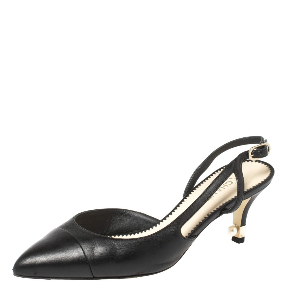 Chanel Black Leather Faux Pearl Embellished Heel Slingback Sandals Size 38