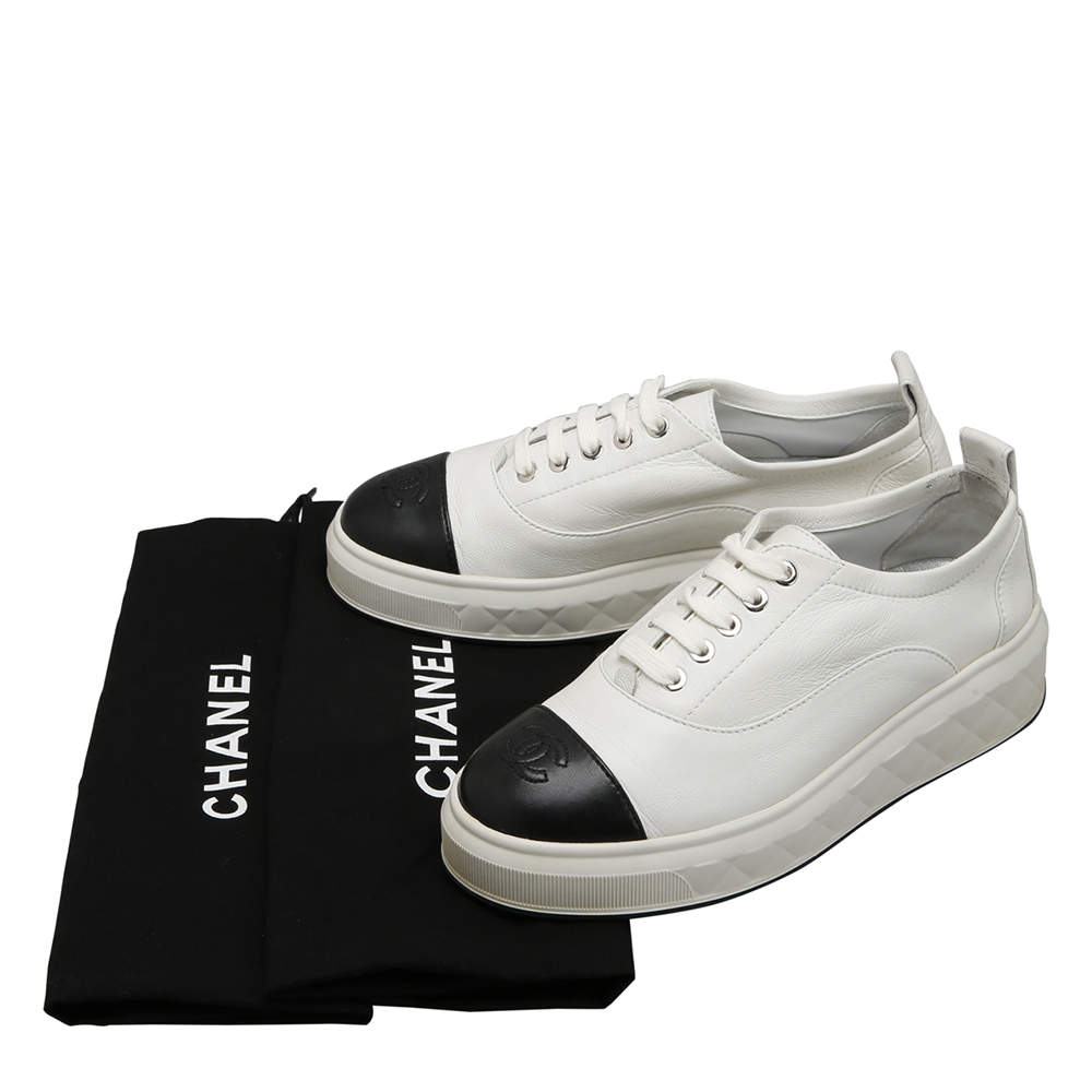 Chanel White/Black Leather Interlocking CC Logo Chunky Sneakers EU 37