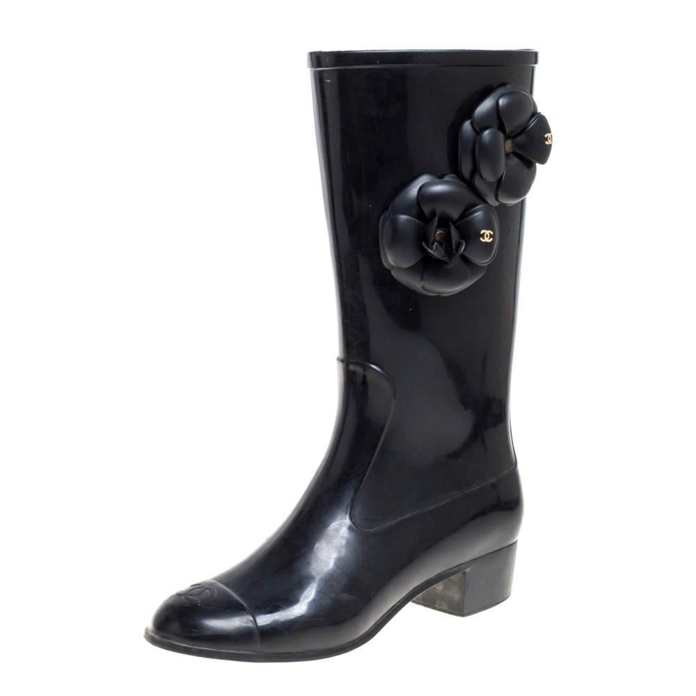 Chanel Black Rubber Camellia Rain Boots Size 38