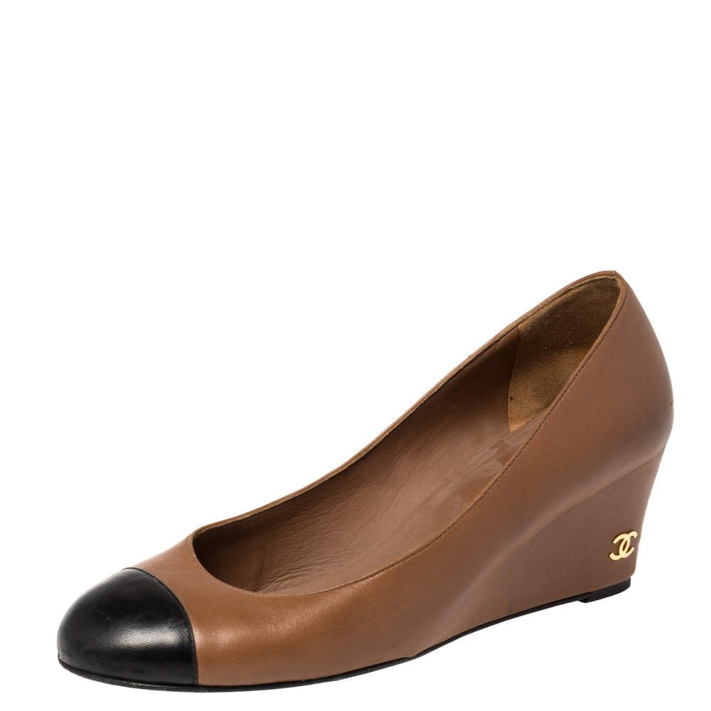 مملوكة مسبقًا حذاء كعب عالى شانيل نعل روكى غطاء مقدمة جلد بنى مقاس 37