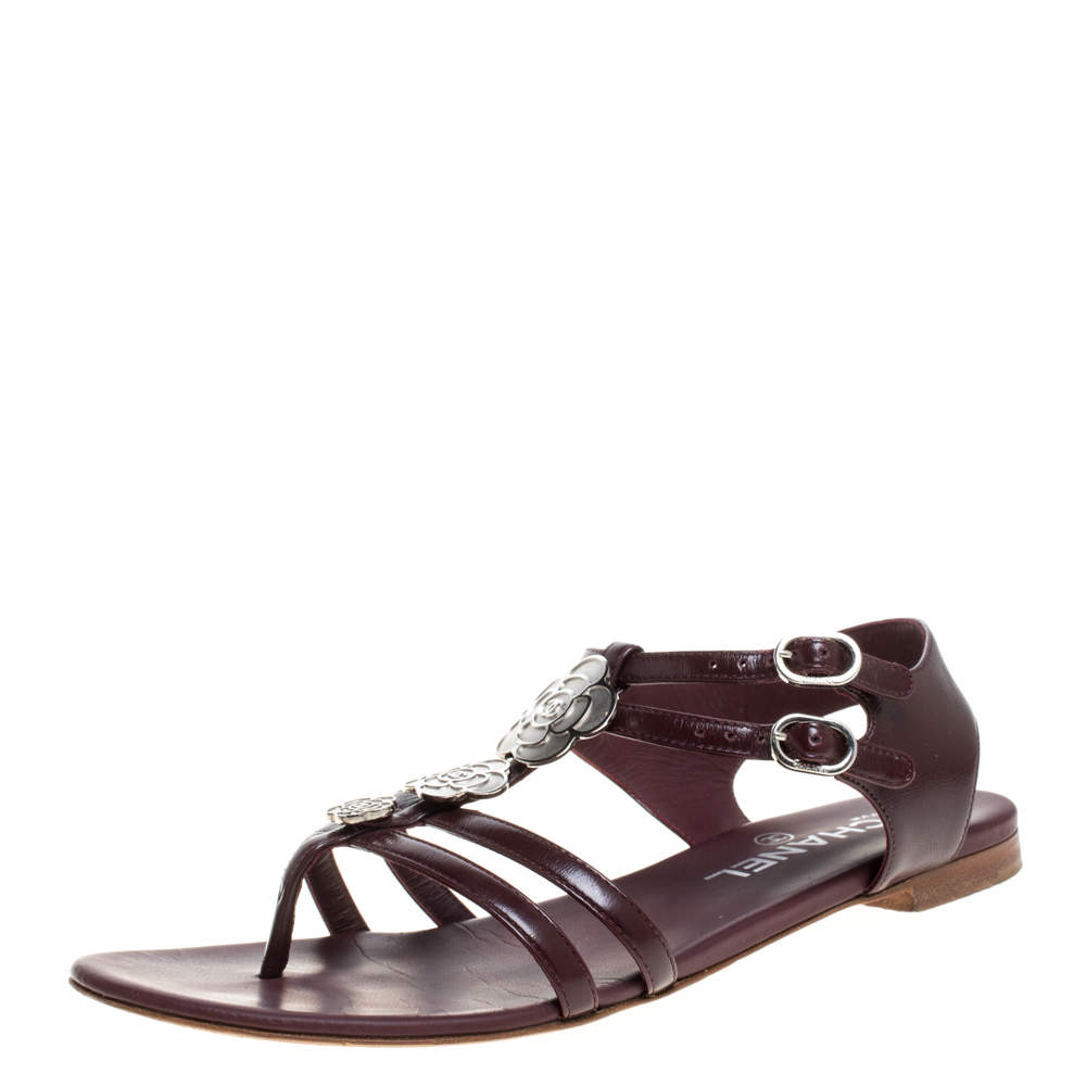 Chanel Burgundy Leather Camellia Thong Sandals Size 37.5 