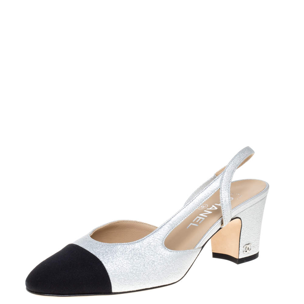 Pre Owned Chanel Silver/Black Leather And Fabric Cap Toe Slingback Sandals Size 37