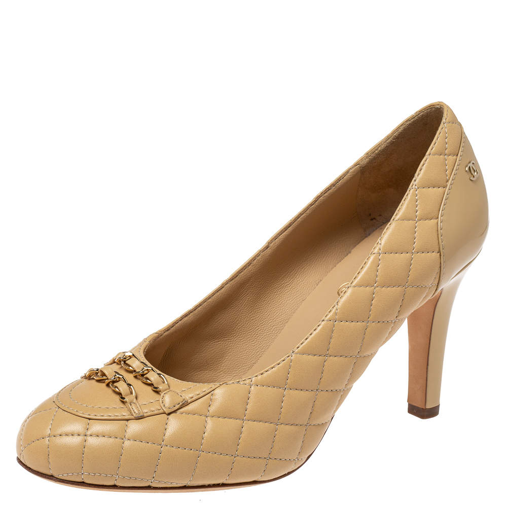 Pre Owned Chanel Beige Quilted Leather Chain Embellished Pumps Size 39