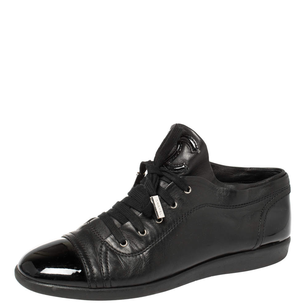 Chanel Black Leather and Patent Leather Cap Toe CC Sneakers Size 41