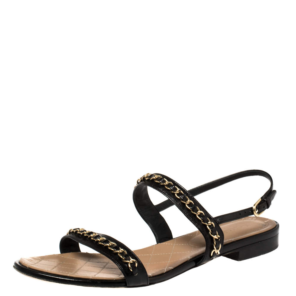 Chanel Black Leather CC Chain Detail Slingback Flat Sandals Size 41