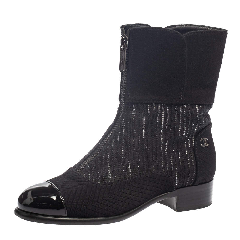 Chanel Black Tweed and Patent Leather CC Ankle Boots Size 39
