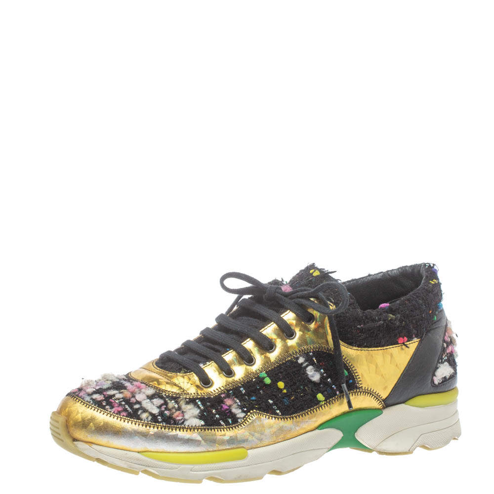 Pre Owned Chanel Multicolor Tweed and Metallic Leather Lace Up Sneakers Size 39.5