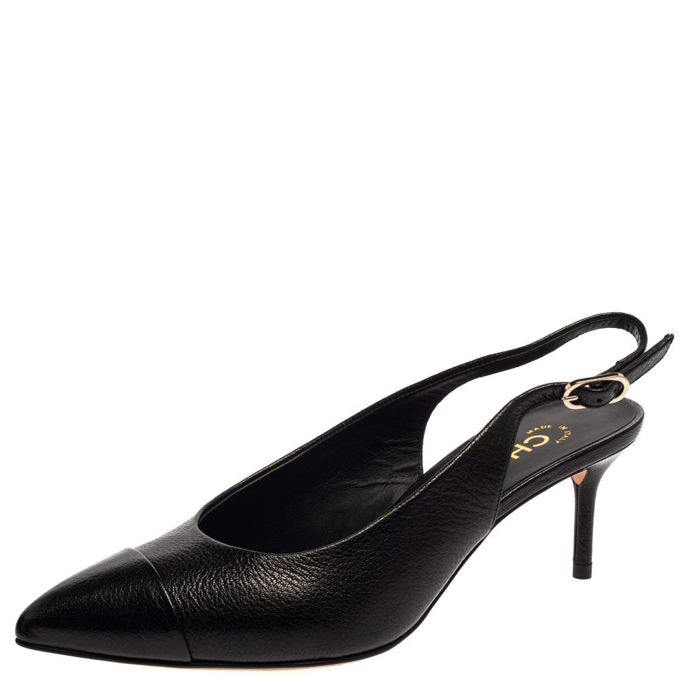 Chanel Black Leather CC Cap Toe Slingback Sandals Size 37.5
