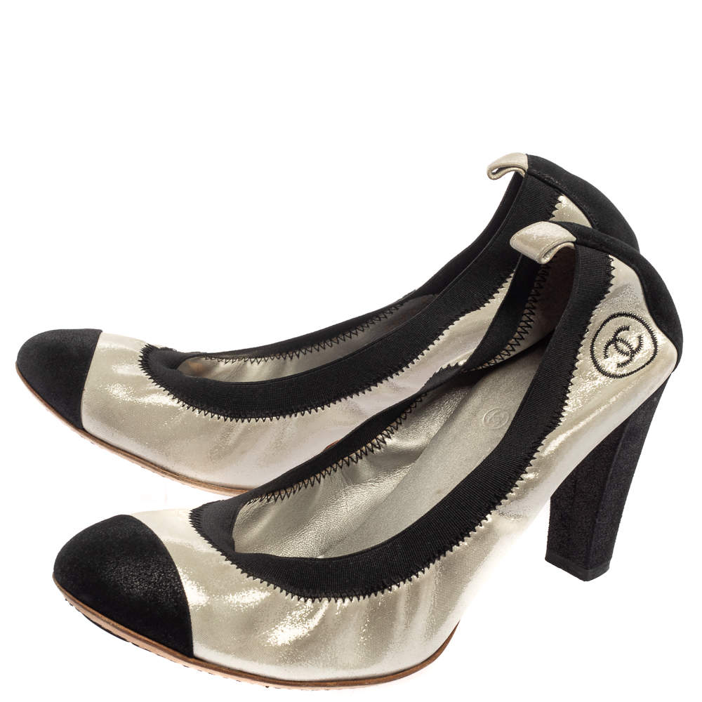 Chanel Silver/Black Fabric And Suede CC Spirit Pumps Size 40.5 Chanel