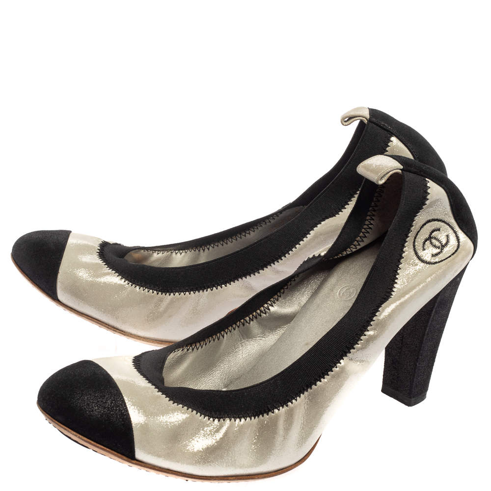 Shop the latest trends Chanel Silver/Black Fabric And Suede CC Spirit Pumps  Size 40.5 Chanel, chanel elastic flap bag