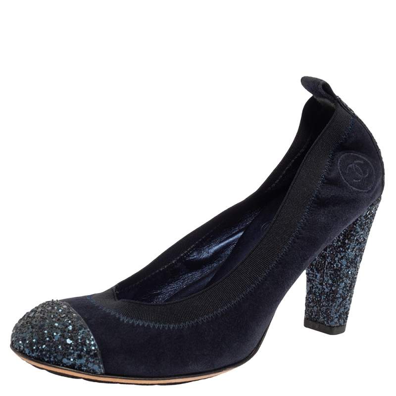 Chanel Blue Suede And Coarse Glitter Cap Toe Scrunch Pumps Size 38