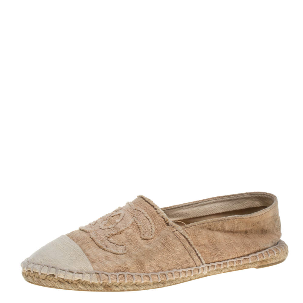 Chanel Beige Canvas CC Cap Toe Espadrille Flats Size 38