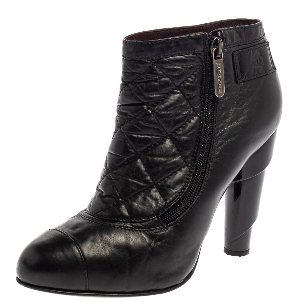 Chanel Black Quilted Leather Ankle Booties Size 39.5