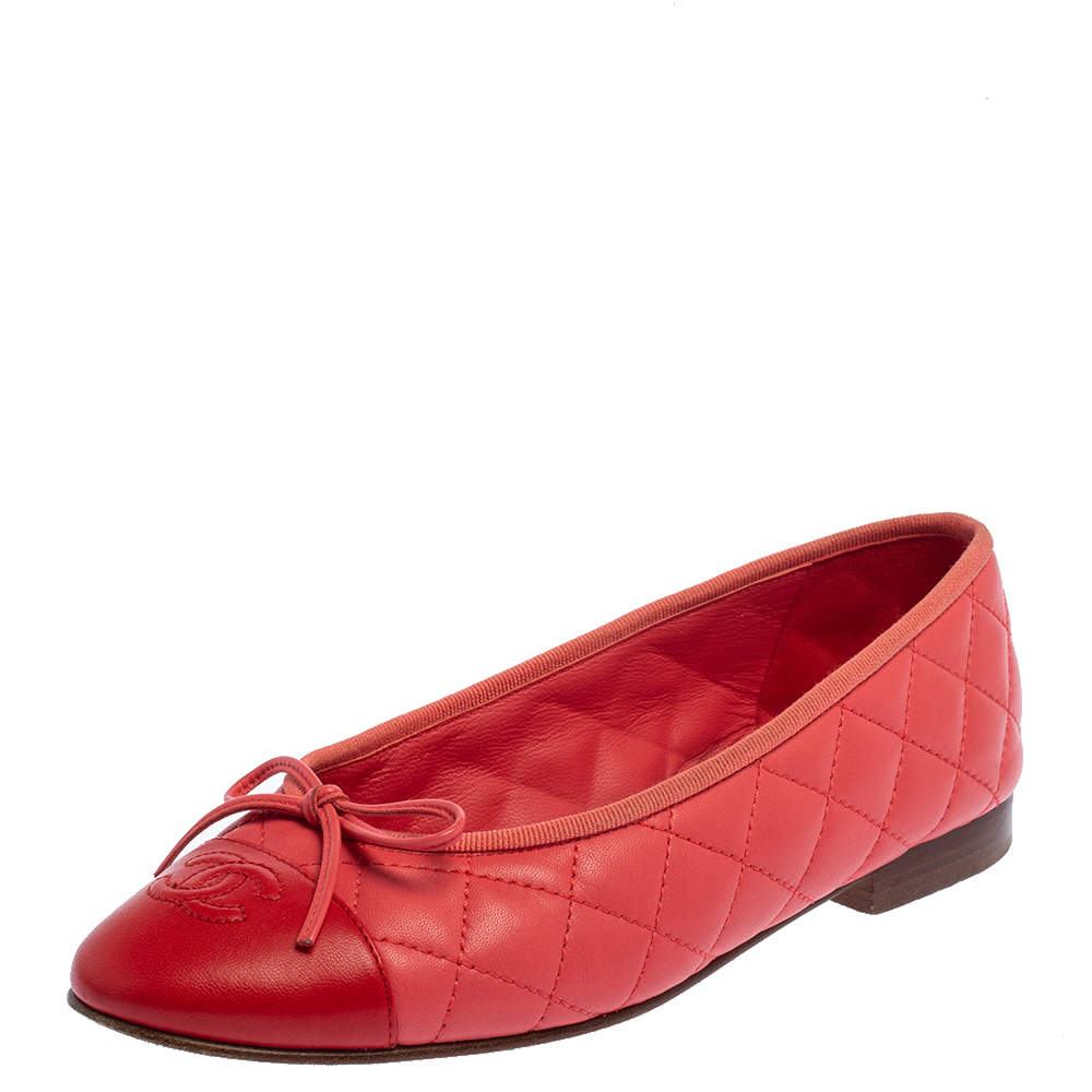 Pre Owned Chanel Red Quilted Leather CC Bow Cap Toe Ballet Flats Size 37