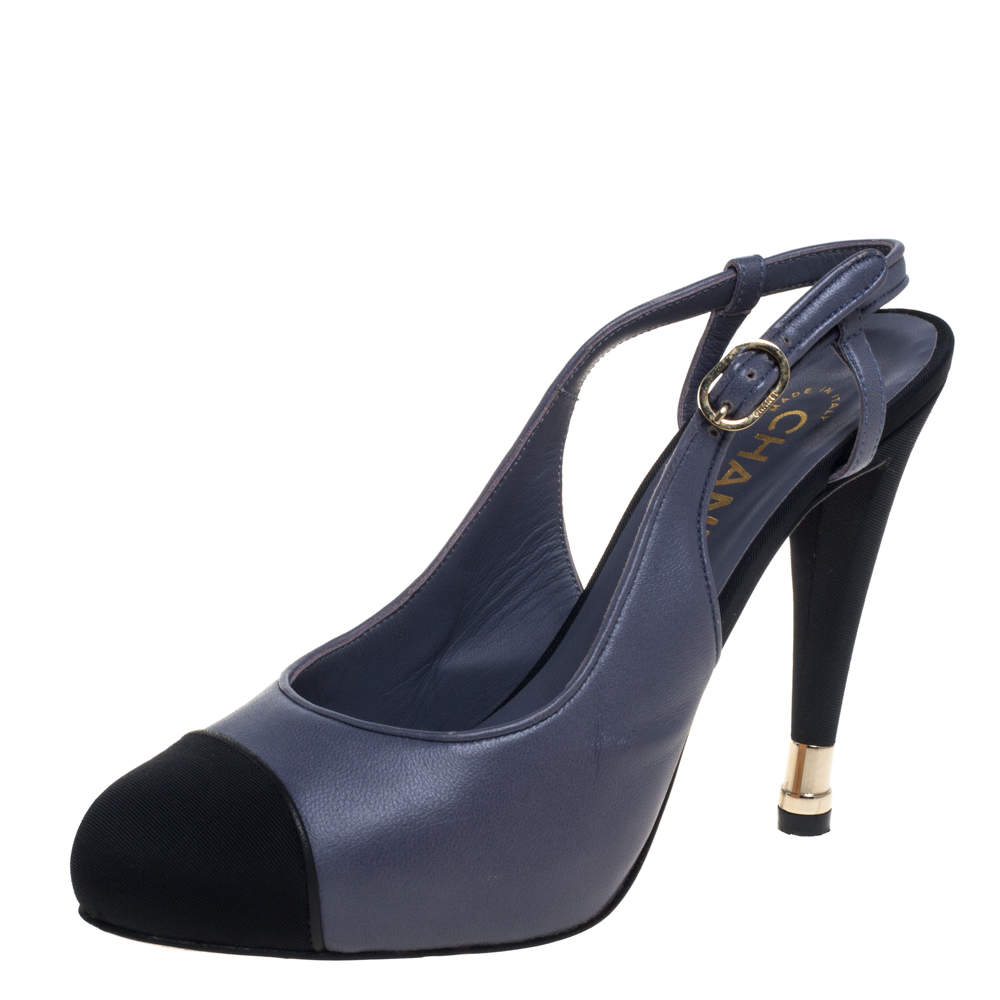 Chanel Grey/Black Leather And Canvas Slingback Sandals Size 39.5