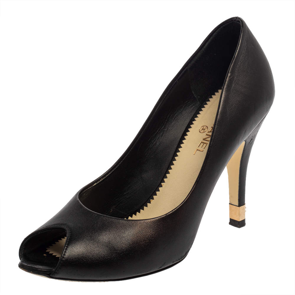 Chanel Black Leather CC Heel Peep Toe Pumps Size 37.5
