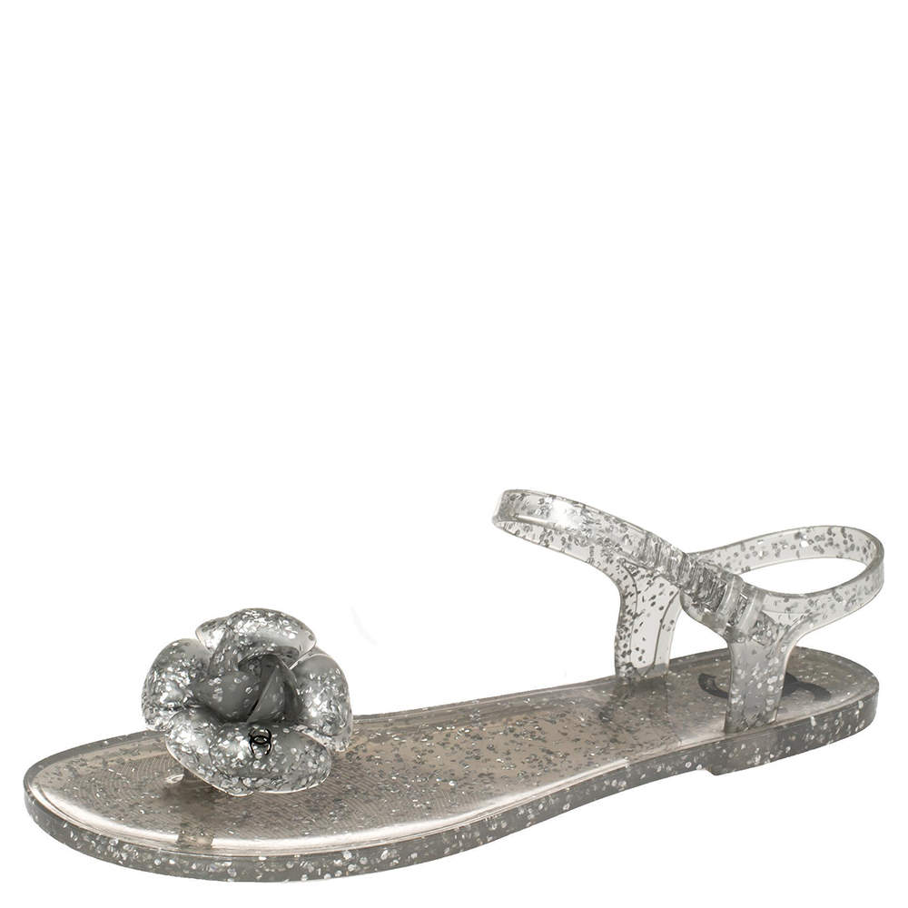 Pre Owned Chanel Grey Glitter Jelly Camellia Flat Sandals Size 39