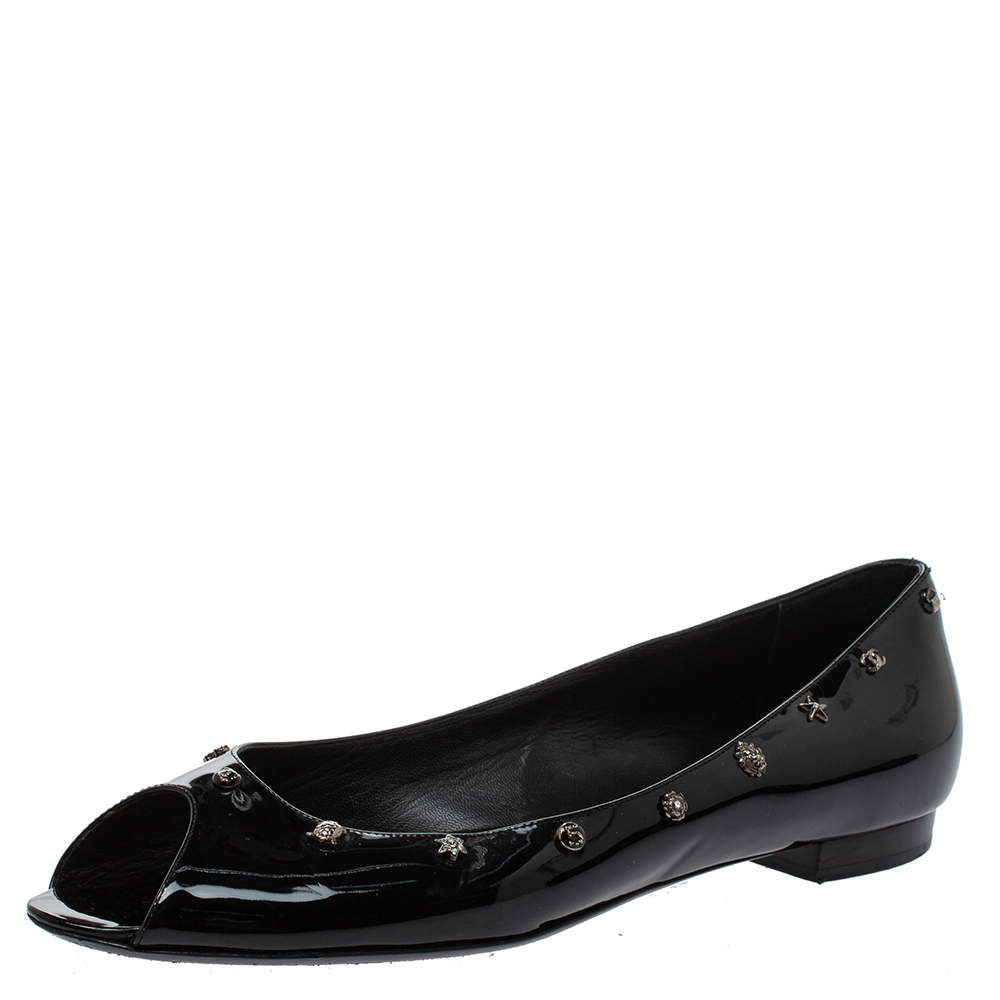 Chanel Black Patent Leather Charm Peep Toe Ballet Flats Size 41.5