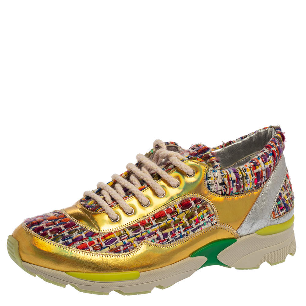 Chanel Multicolor Tweed Fabric And Holographic Leather CC Low Top Sneakers Size 37.5