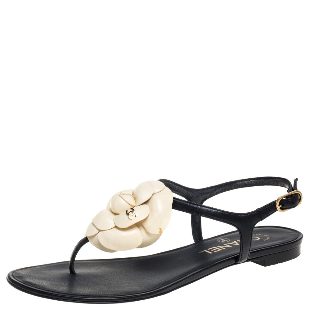 Pre Owned Chanel Black Leather And Cream Camellia CC Thong Sandals Size 36.5