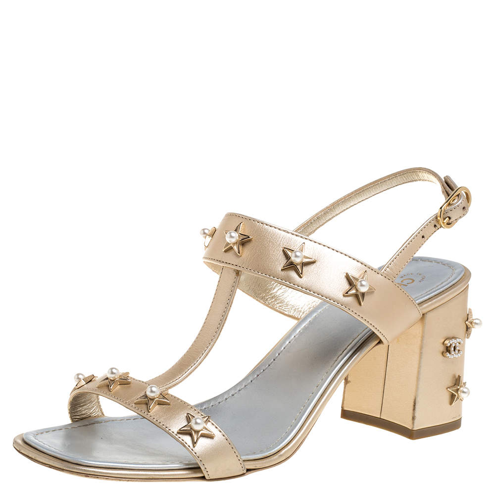 Chanel Gold Leather Star And Pearl Embellished T Strap Sandals Size 39.5