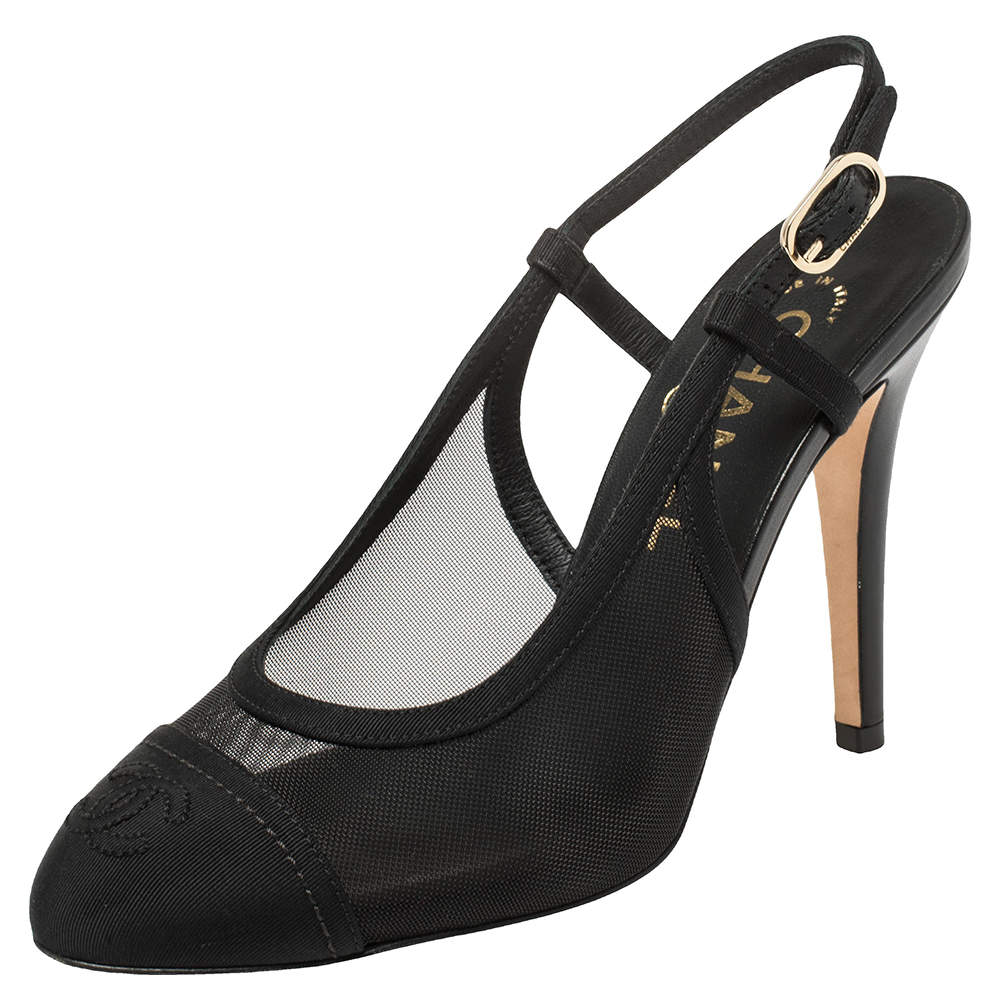 مملوكة مسبقًا Chanel Black Mesh And Fabric CC Cap Toe Slingback Sandals Size 36