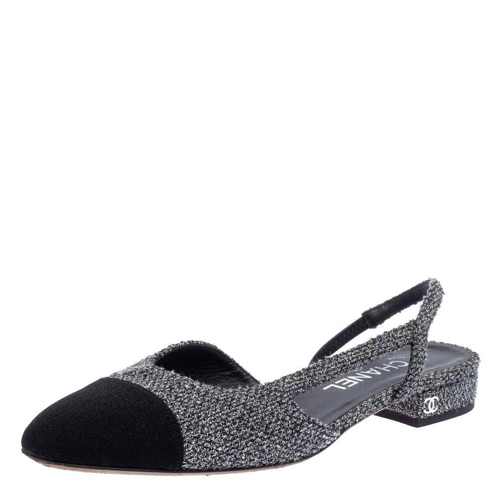 Pre Owned Chanel Black/Grey Tweed And Fabric Cap Toe Slingback Flats Size 37.5