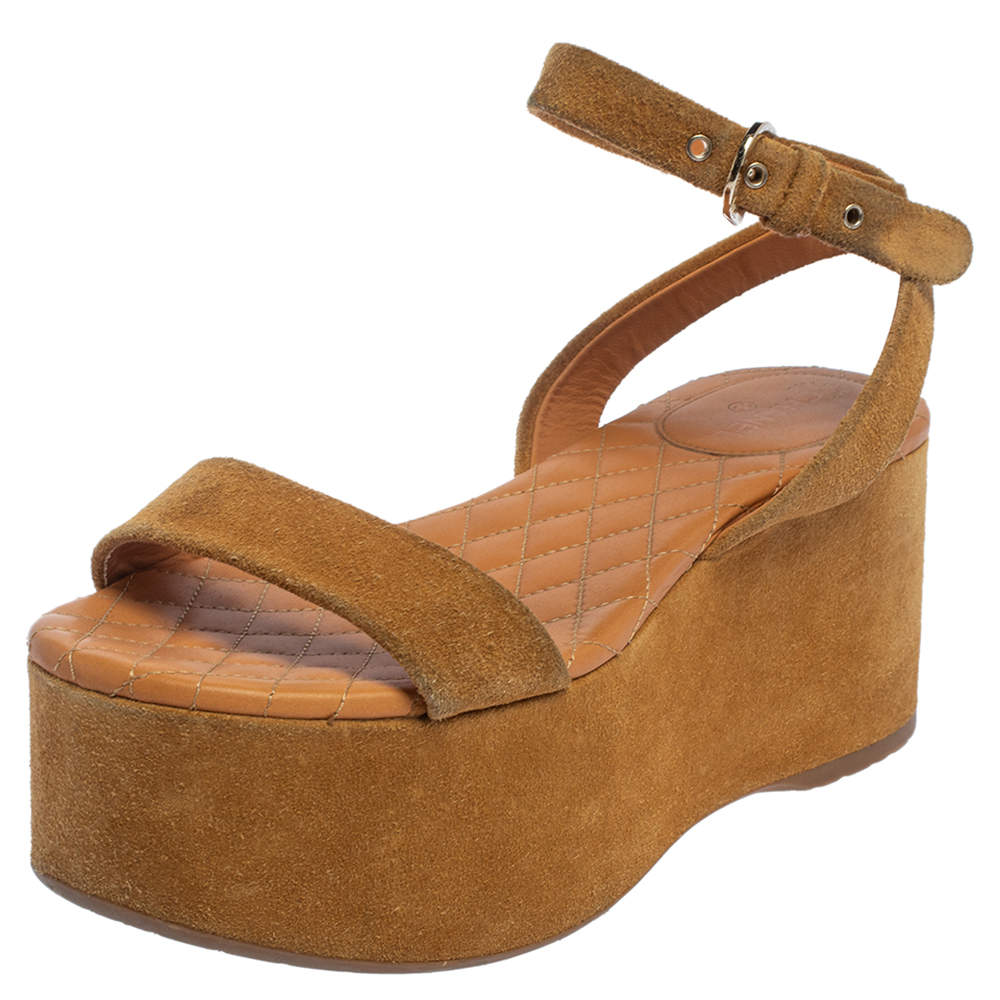 Chanel Brown Suede Ankle Wrap Wedge Sandals Size 37 Chanel | TLC