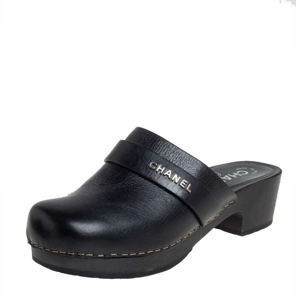 Chanel Black Leather Wooden Clog Mule Sandals Size 36