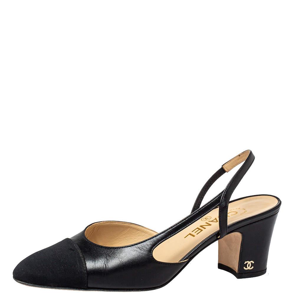 Pre Owned Chanel Black Leather and Fabric Cap Toe Slingback Sandals Size 38