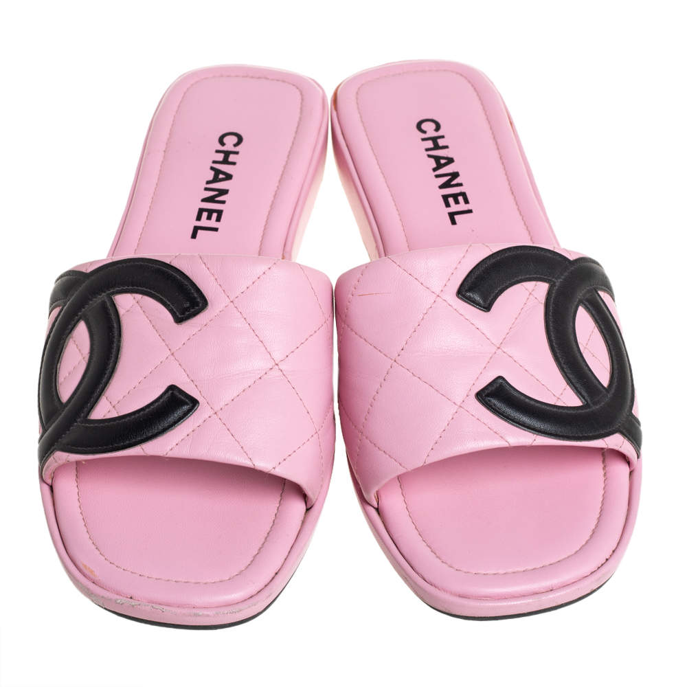 Chanel Pink Leather CC Cambon Flat Slides Size 41.5 Chanel