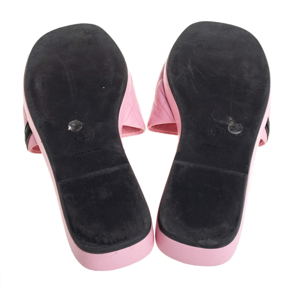 Chanel Pink Leather CC Cambon Flat Slides Size 41.5 Chanel