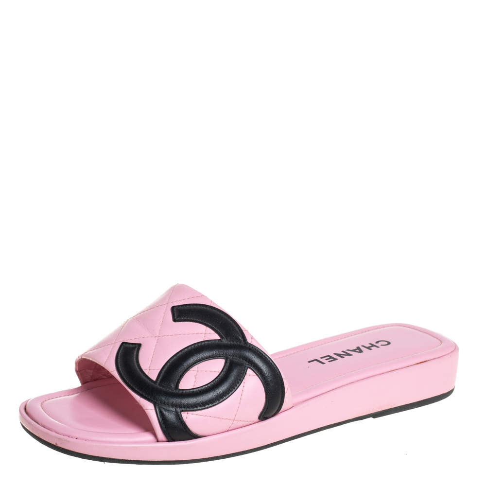 Chanel Pink Leather CC Cambon Flat Slides Size 41.5