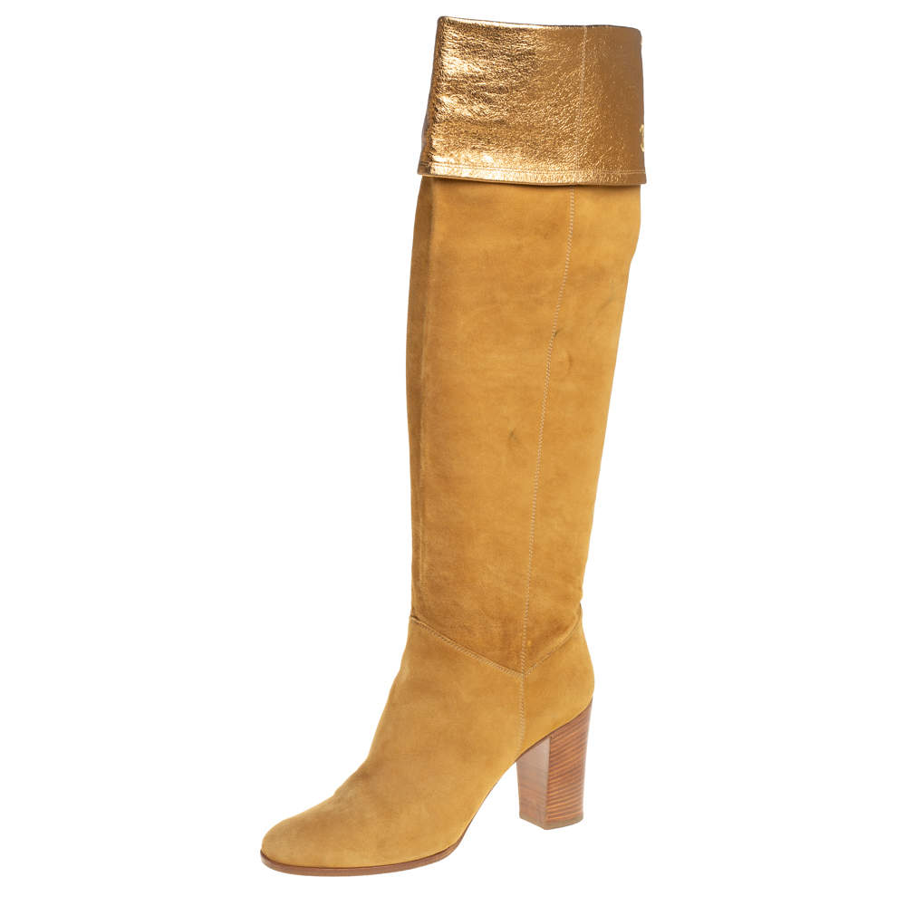 Pre Owned Chanel Vintage Gold Suede Fold CC Knee Length Boots Size 41