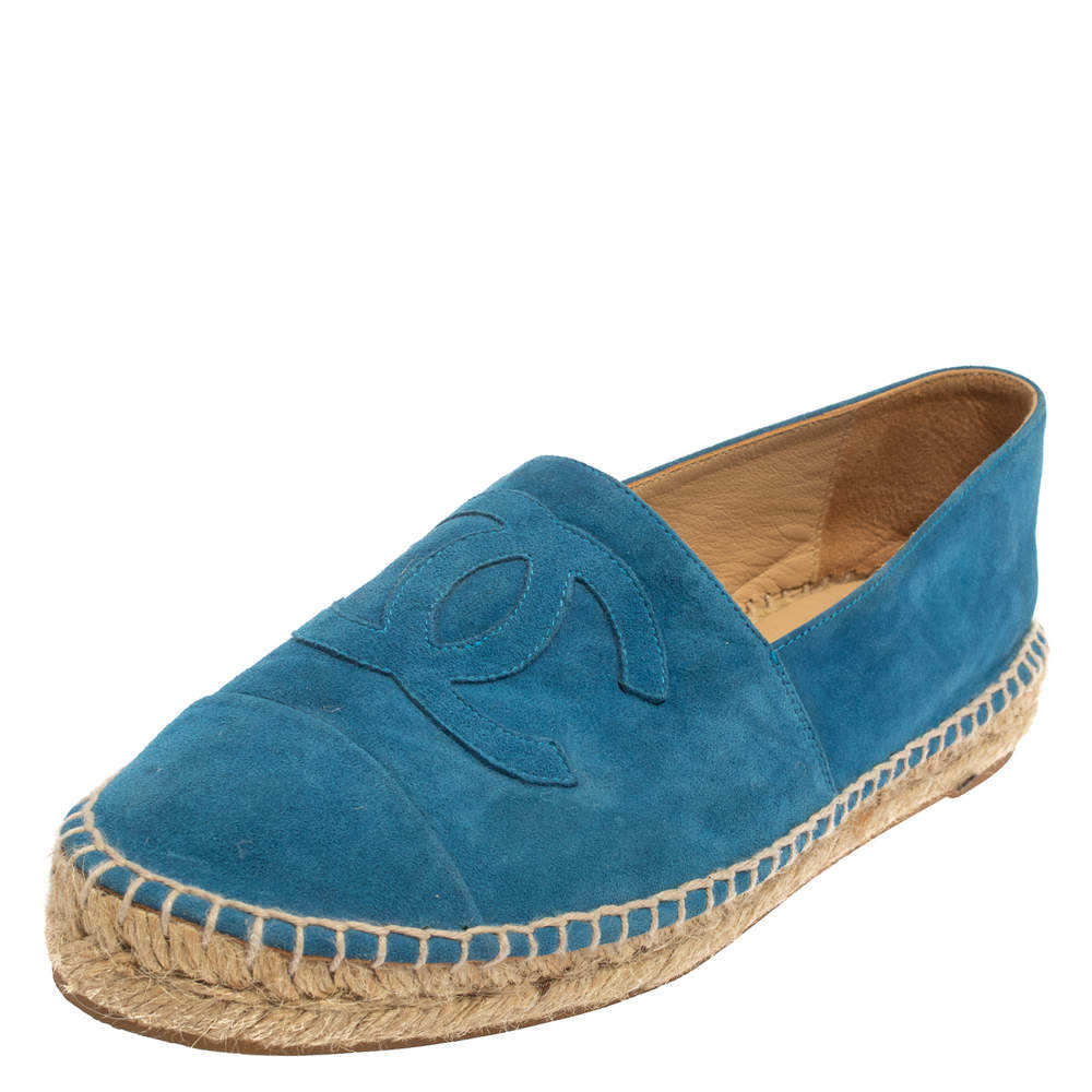 Pre Owned Chanel Blue Suede CC Cap Toe Espadrilles Flats Size 40