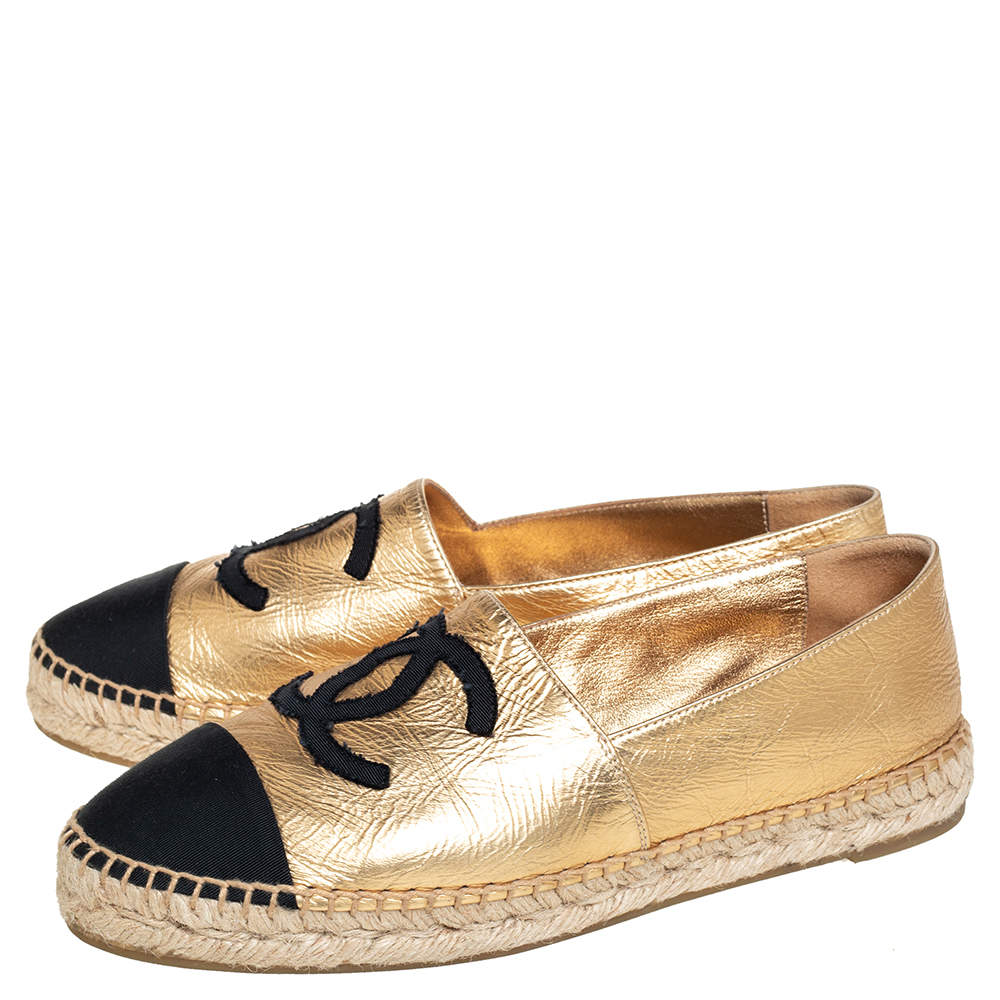 Chanel Gold/Black Fabric And Leather Flat Espadrilles Size 38