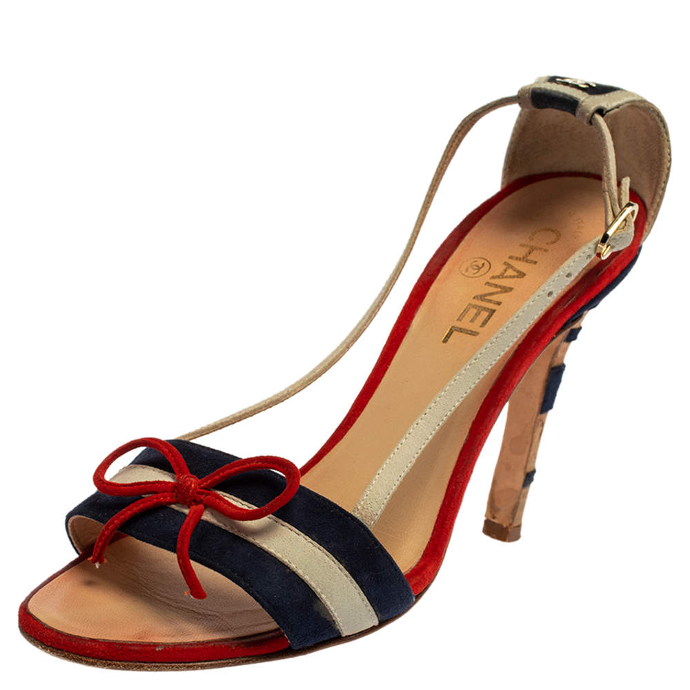 Chanel Multicolor Suede CC Bow Cork Heel Ankle Strap Sandals Size 37