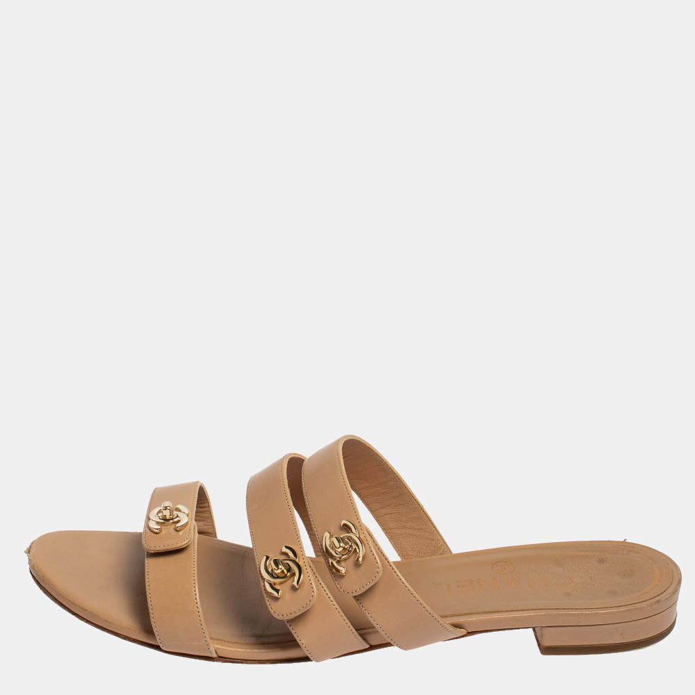 Chanel Beige CC Turnlock Leather Triple Strap Flat Sandals Size 40.5