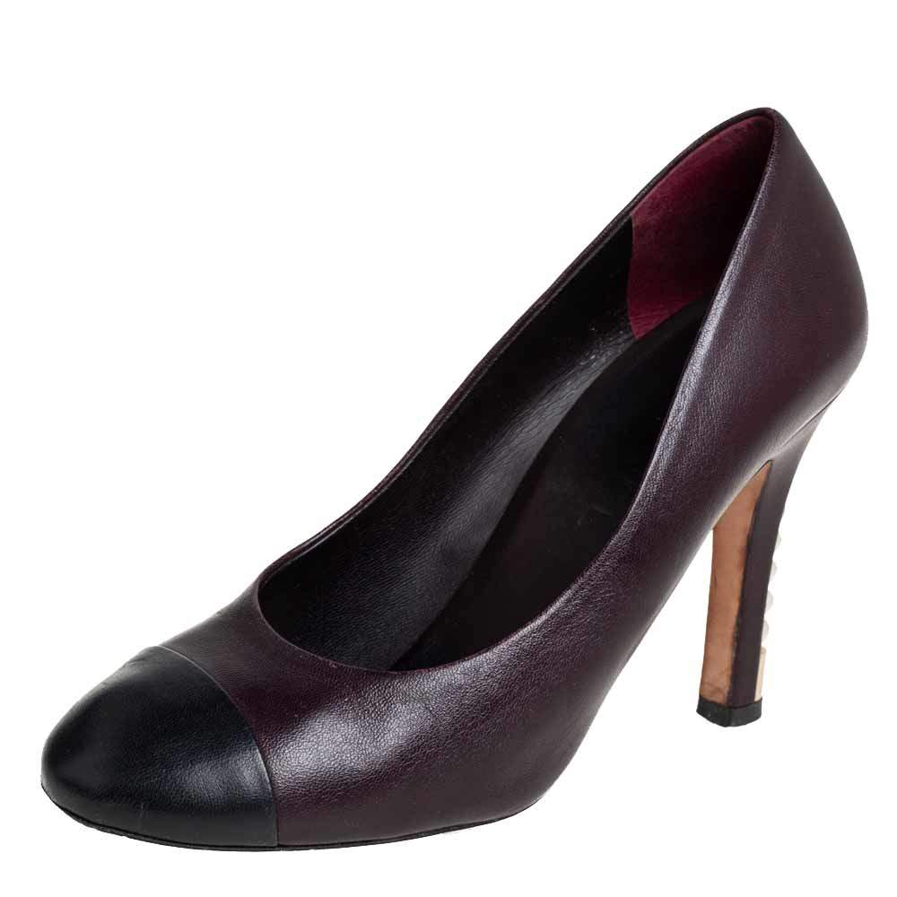 Pre Owned Chanel Burgundy/Black Leather Cap Toe Pearl Embellished Heels Pumps Size 39.5