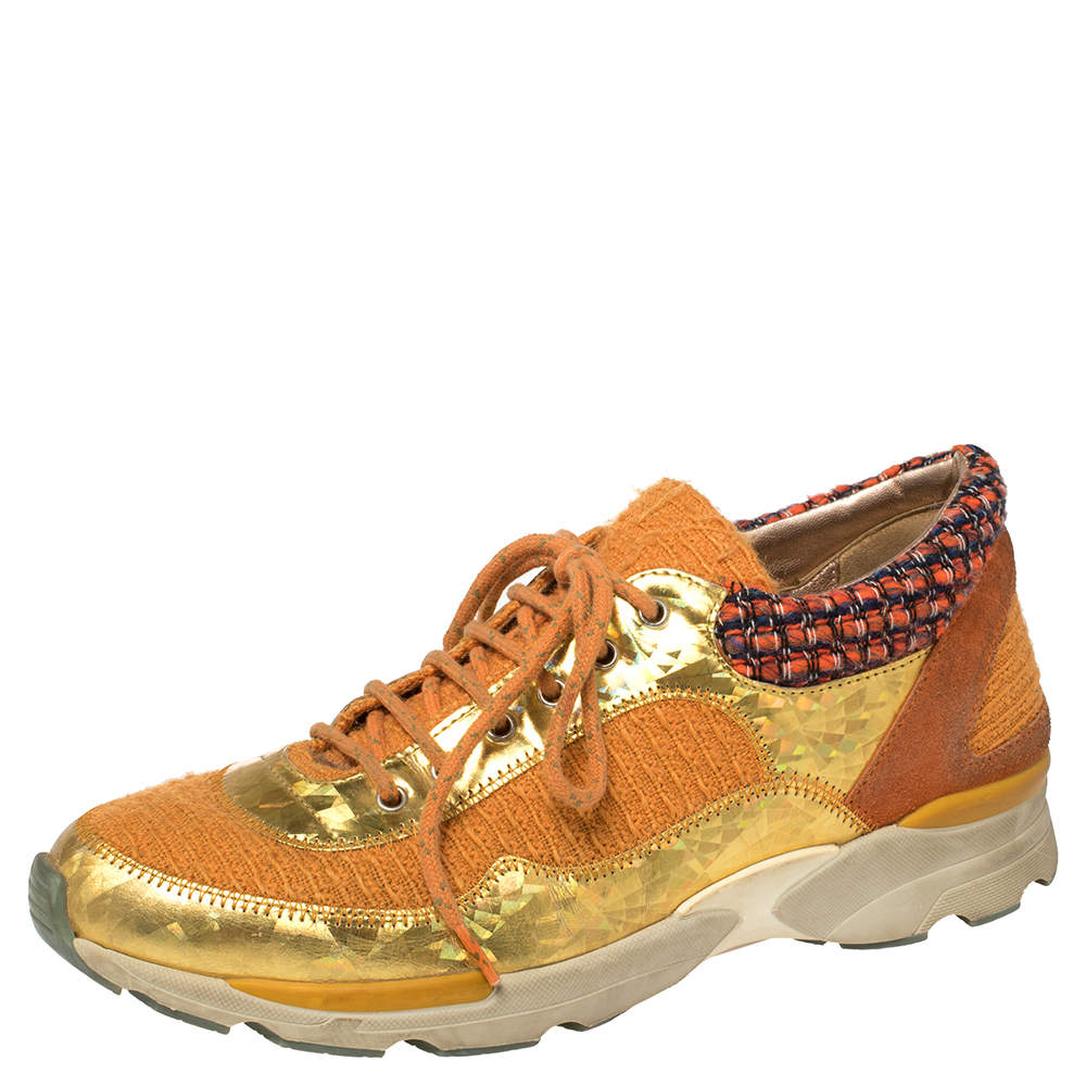 Pre Owned Chanel Multicolor Tweed And Leather CC Low Top Sneakers Size 38