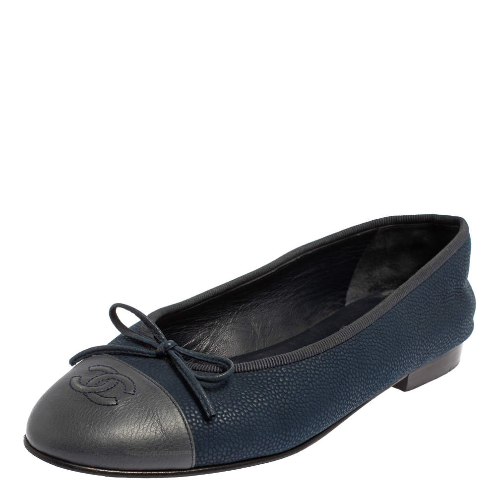 Chanel Blue/Grey Leather Bow CC Cap Toe Ballet Flats Size 38.5
