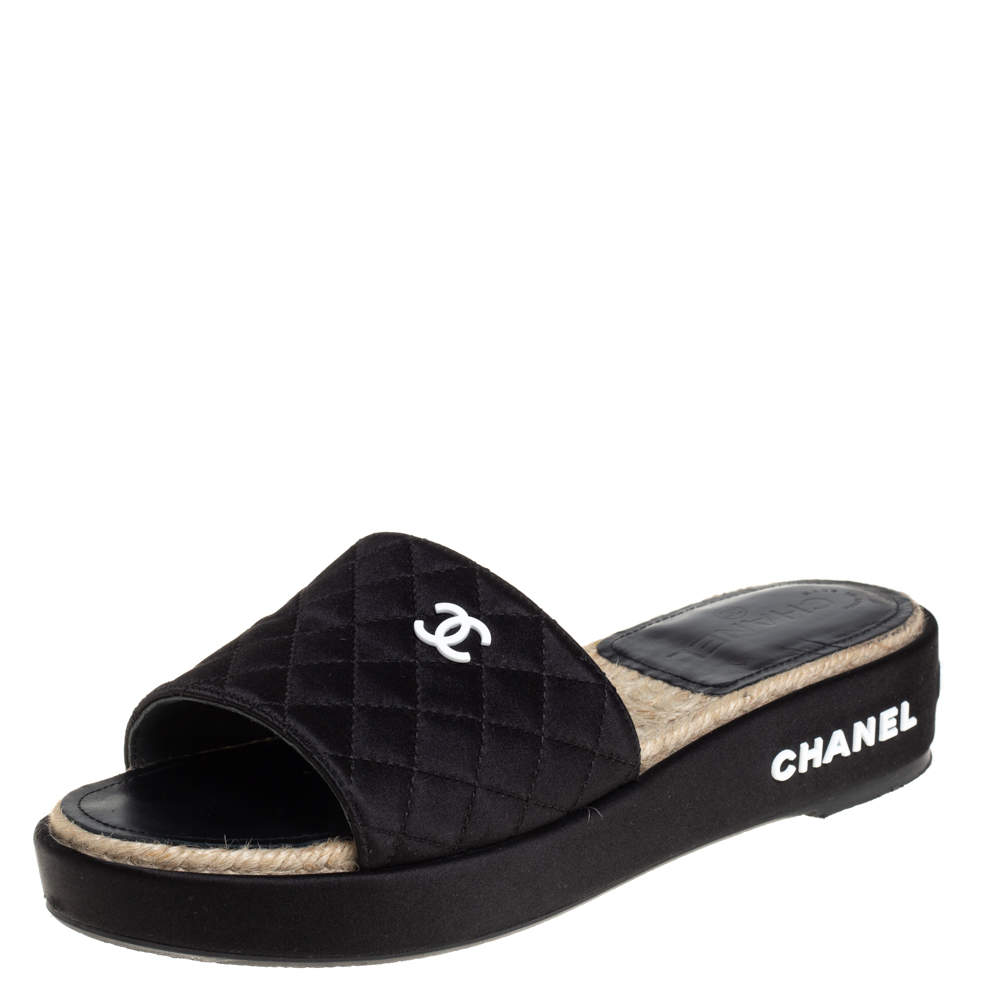 Chanel Black Satin CC Espadrille Slide Sandals Size 40