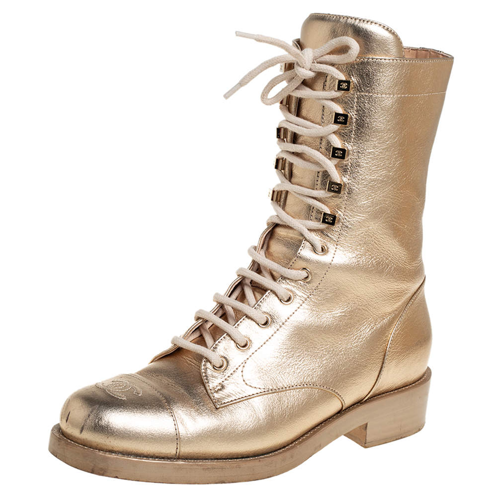 Chanel Gold Leather CC Lace Up Ankle Boots Size 41