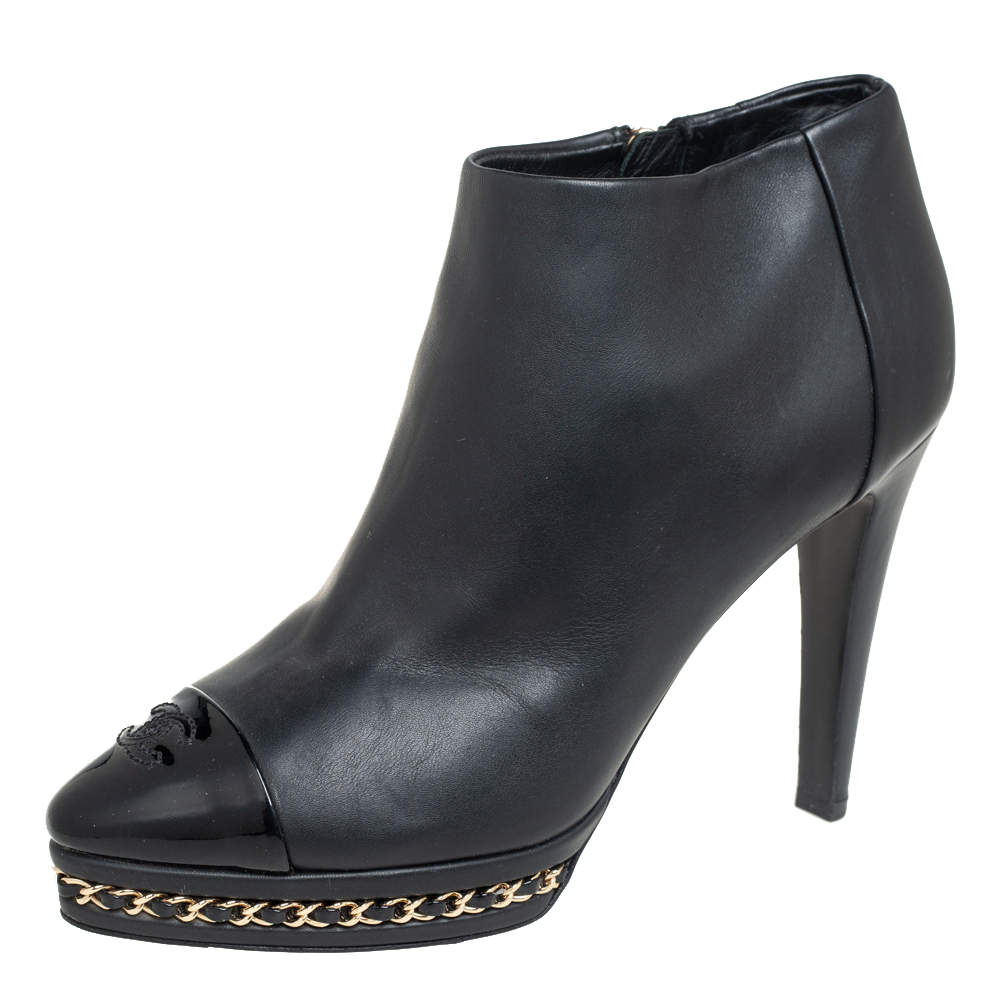 Chanel Black Leather Chain Embellished  CC Cap Toe Ankle Boots Size 38