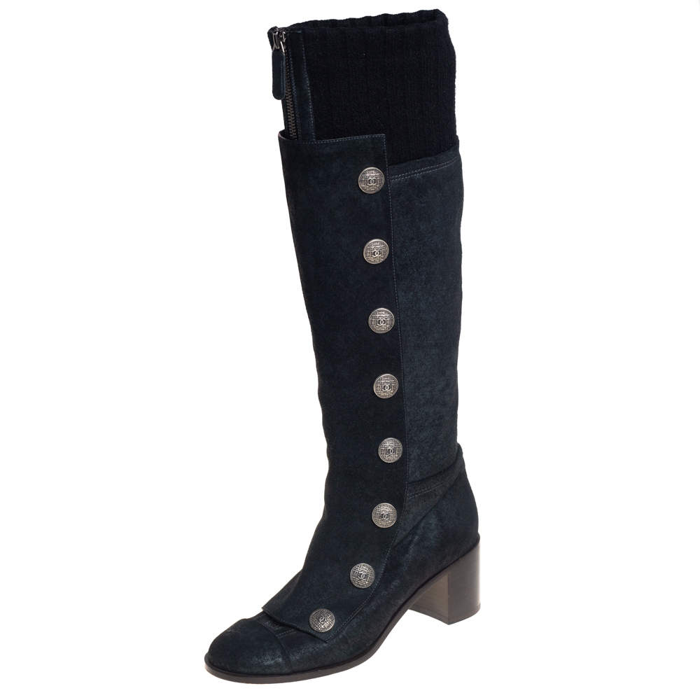 Chanel Black Suede And Knit Fabric Button Knee Length Boots Size 37.5