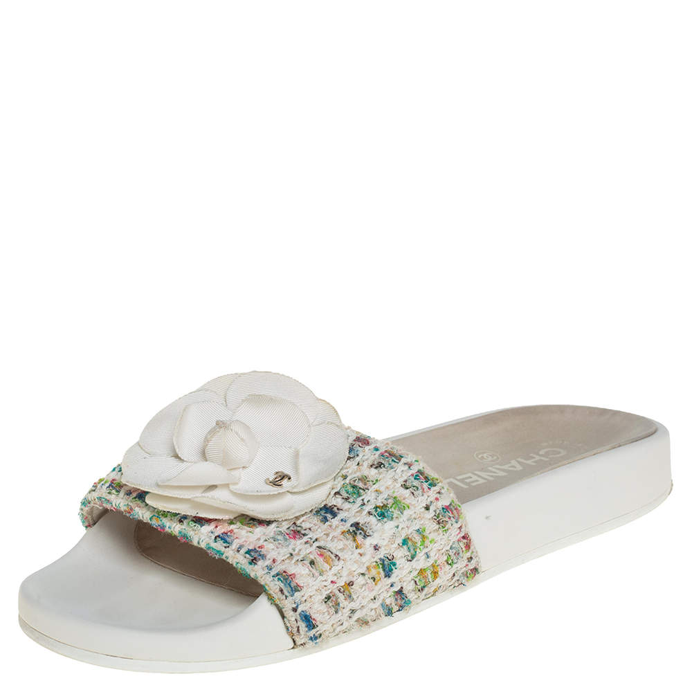 Chanel Multicolor Tweed Camellia Slide Sandals Size 37