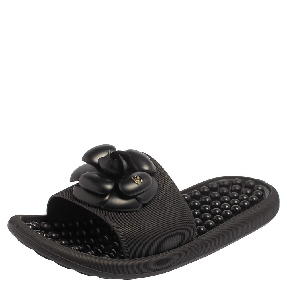 Chanel Black Rubber Camellia Slide Sandals Size 41