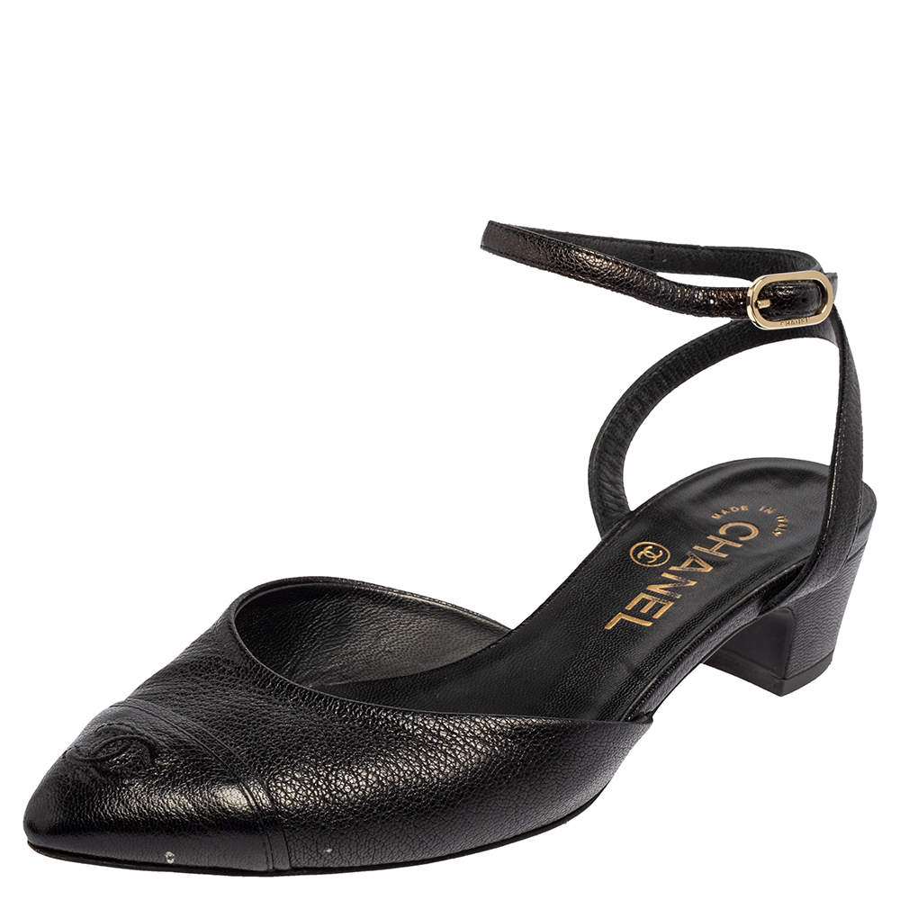 مملوكة مسبقًا Chanel Black Leather Cap Toe D'orsay Sandals Size 37