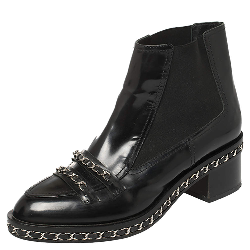 Chanel Black Patent Leather and Fabric Chain Embellished Ankle Boots Size 40