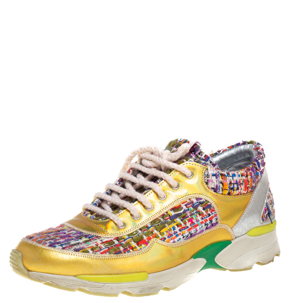 Pre Owned Chanel Multicolor Tweed, and Metallic Leather Lace Up Sneakers Size 37
